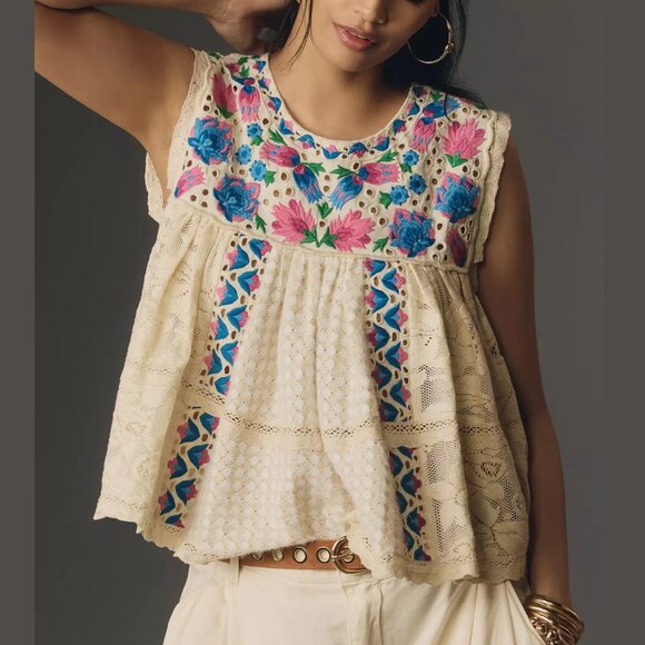 NWOT Anthropologie Let Me Be Sleeveless Embroidered Babydoll Blouse Blue Motif M - Picture 2 of 10